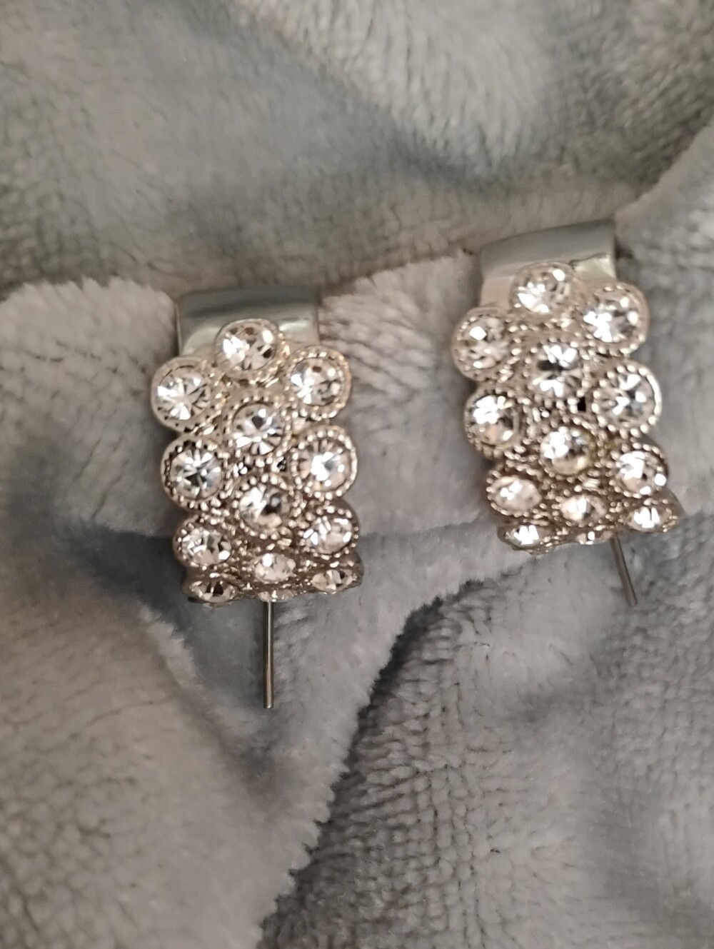 Vintage Signed Monet Rhinestone Huggie Hoop Earrings Sterling Silver, Extra Wide